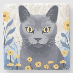 Dessous-de-verre En Pierre Chat bleu russe Marbre Fleurs jaunes
