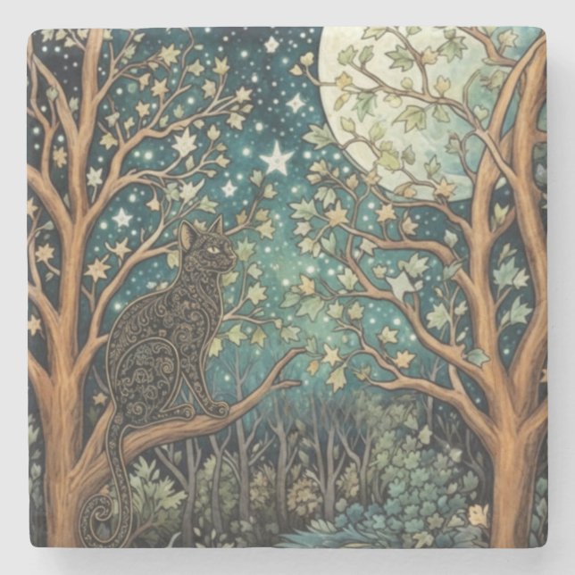 Dessous-de-verre En Pierre Chat boho ciel nocturne étoilé forêt boisée (Devant)
