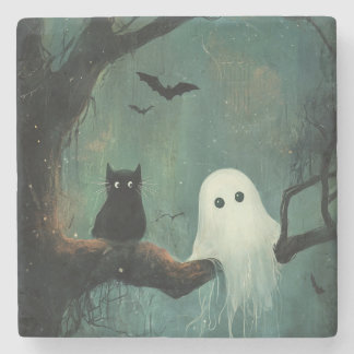 Dessous-de-verre En Pierre Chat d'Halloween et fantôme