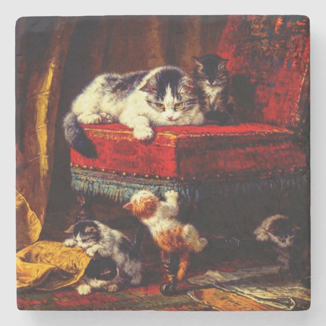 Dessous-de-verre En Pierre Chat et chatons Jouer avec chaise (Devant)