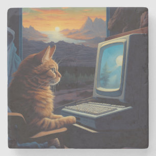 Dessous-de-verre En Pierre Chat Gamer Retro   Jeu d'art Pixel 8 bits
