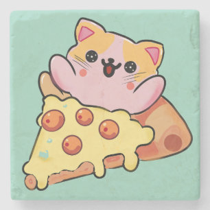 Dessous-de-verre En Pierre Chat mignon qui enlace une pizza pepperoni de dess