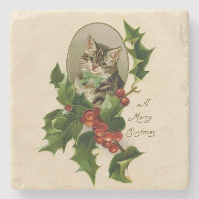 Dessous-de-verre En Pierre Chat Noël Joyau Holly Kitten Art antique (Devant)