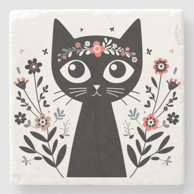 Dessous-de-verre En Pierre Chat noir aux grands yeux entouré de fleurs (Devant)