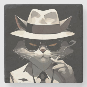 Dessous-de-verre En Pierre Chat Noir Cool : Félin Souriant et Mystérieux