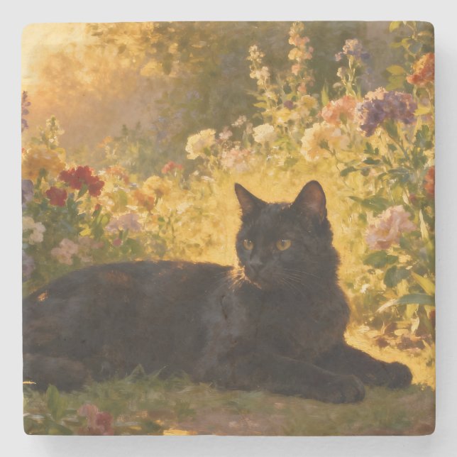 Dessous-de-verre En Pierre Chat noir dans les fleurs I (Devant)