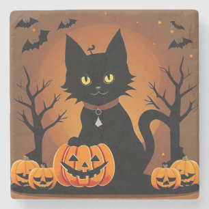 Dessous-de-verre En Pierre Chat noir d'Halloween entouré de citrouilles lumin