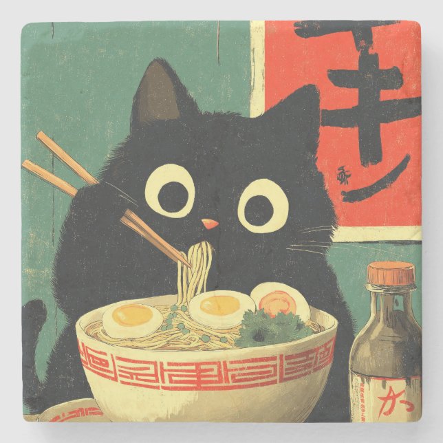 Dessous-de-verre En Pierre Chat noir drôle mangeant du Ramen (Devant)