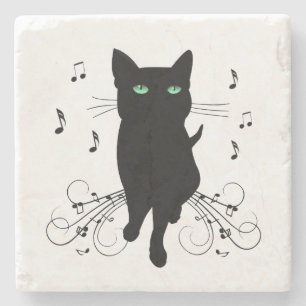 Dessous-de-verre En Pierre Chat noir entouré de notes de musique chuchotantes