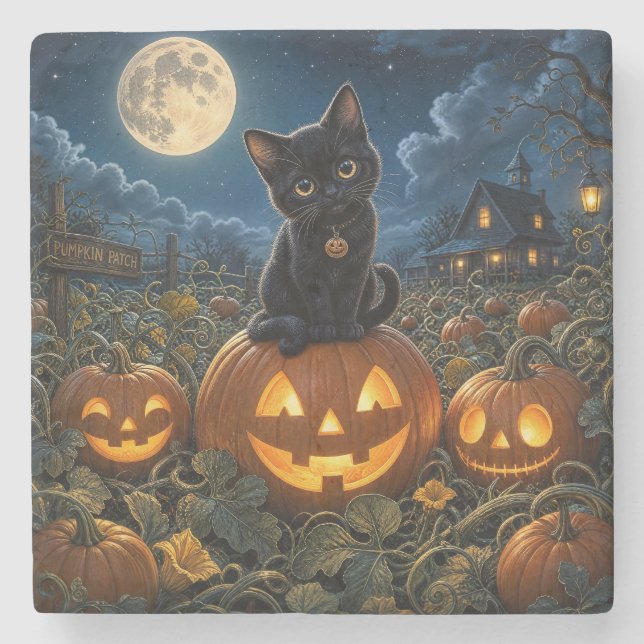 Dessous-de-verre En Pierre Chat noir Halloween (Devant)
