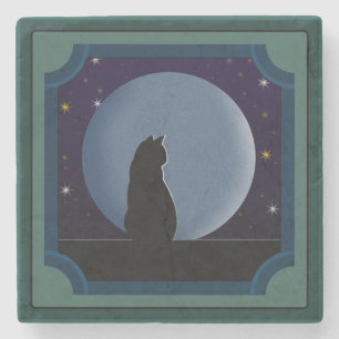 Dessous-de-verre En Pierre Chat noir, Pleine lune, étoiles