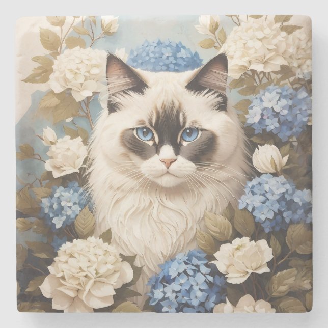 Dessous-de-verre En Pierre Chat Ragdoll Avec Fleurs Bleues D'Hydrangée (Devant)