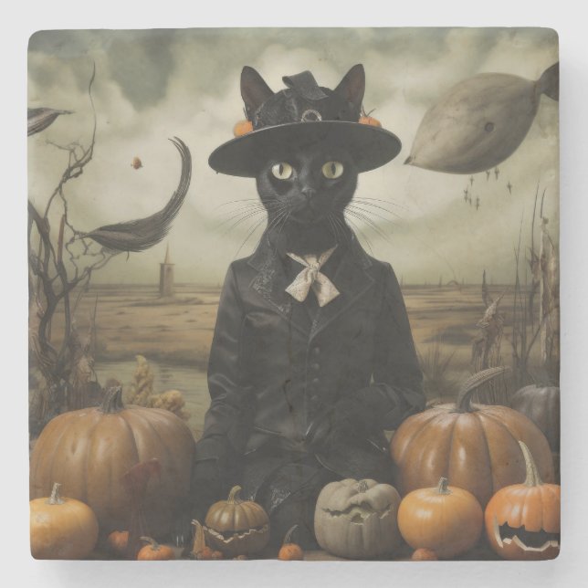 Dessous-de-verre En Pierre Chat Sorcière avec Citrouilles  (Devant)