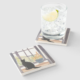 Dessous-de-verre En Pierre Chat sur l'appui de fenêtre Silhouette Aquarelle