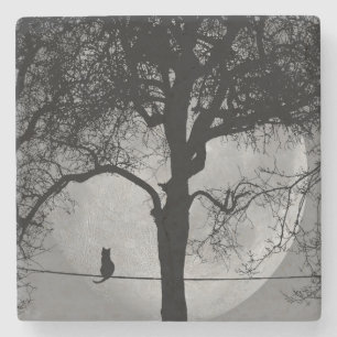 Dessous-de-verre En Pierre Chat sur un fil au clair de lune