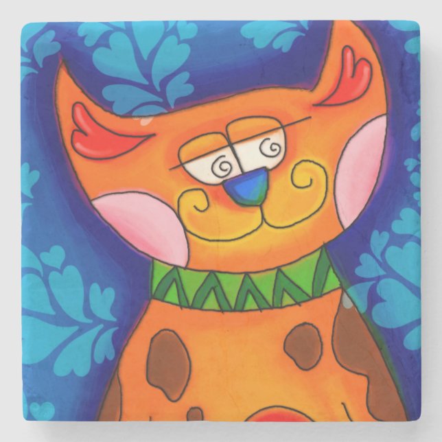 Dessous-de-verre En Pierre Chat Tabby Orange Souriant (Devant)