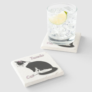 Dessous-de-verre En Pierre Chat Tuxedo Noir et Blanc Personnalisé