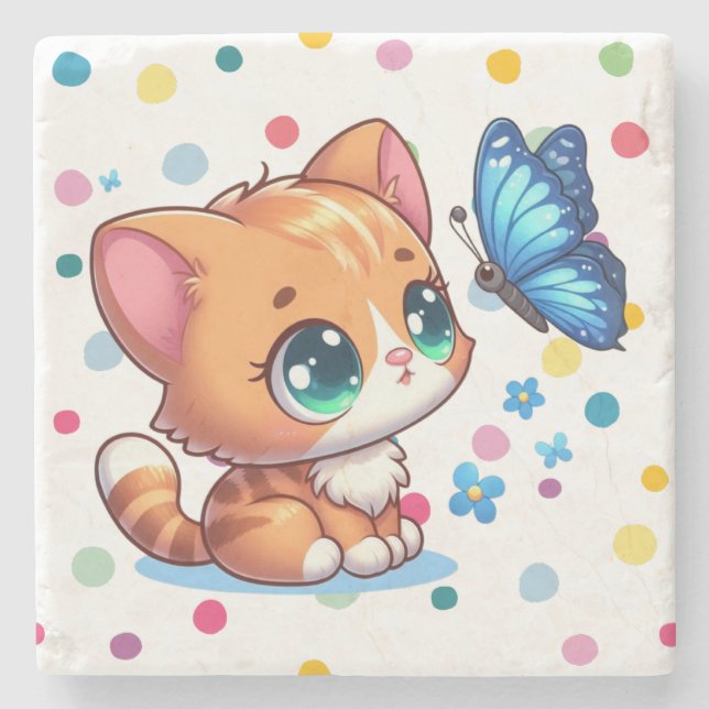 Dessous-de-verre En Pierre Chaton/chat mignon & papillon  (Devant)