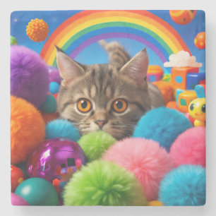 Dessous-de-verre En Pierre Chaton ludique arc-en-ciel, un adorable chat tigré