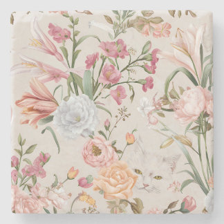 Dessous-de-verre En Pierre Chats Blancs Roses Roses Florales