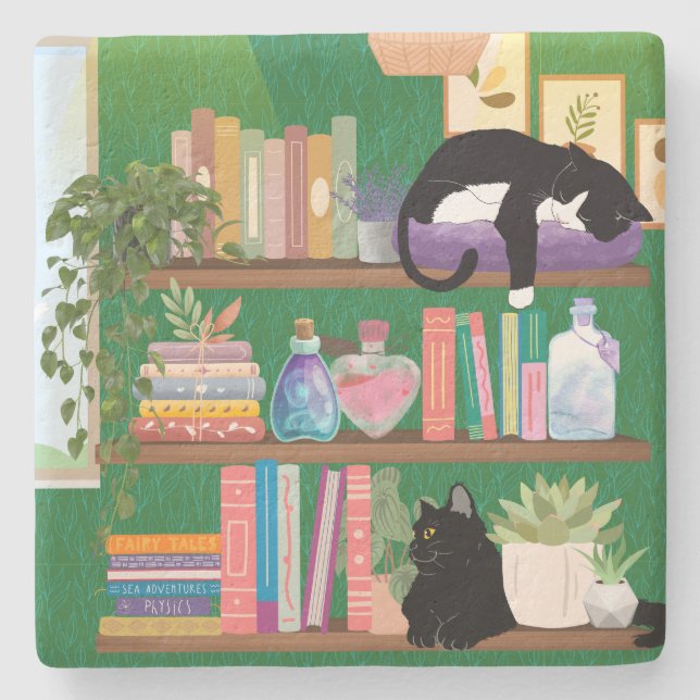 Dessous-de-verre En Pierre Chats de librairie (Devant)