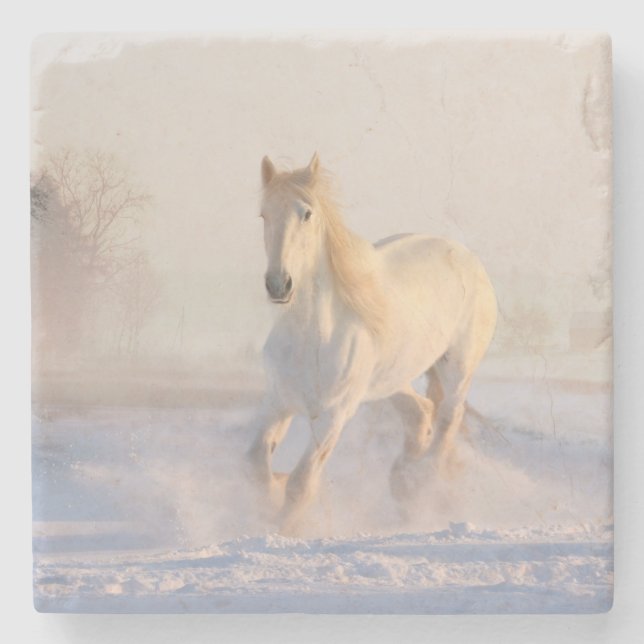 Dessous-de-verre En Pierre cheval blanc dans la neige (Devant)