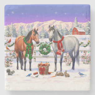 Dessous-de-verre En Pierre Chevaux de Noël dans la neige