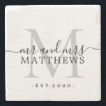 Dessous-de-verre En Pierre Chic Argent Monogramme Écriture Nom Date de Mariag<br><div class="desc">Sous-verre en pierre noir élégant et moderne avec monogramme, portant le texte "Monsieur et Madame" ainsi que votre nom de famille et l'année de mariage, écrit en calligraphie élégante à la main en noir avec un monogramme gris argent. Ajoutez simplement votre nom, monogramme et année de mariage ci-dessous. Design stylé...</div>