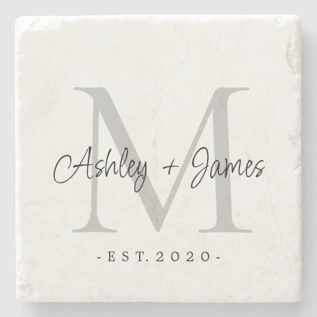 Dessous-de-verre En Pierre Chic Argent Monogramme Noms de script Mariage Date (Devant)