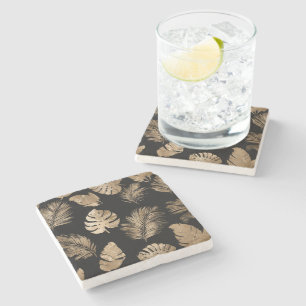 Dessous-de-verre En Pierre Chic Black Gold Tropical Feuilles