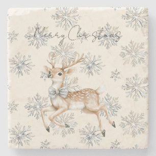 Dessous-de-verre En Pierre Chic Crème Arc Argent Renne Noël