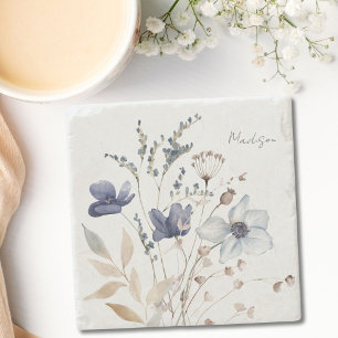Dessous-de-verre En Pierre Chic Monogrammé Joli Floral Bleu Aquarelle