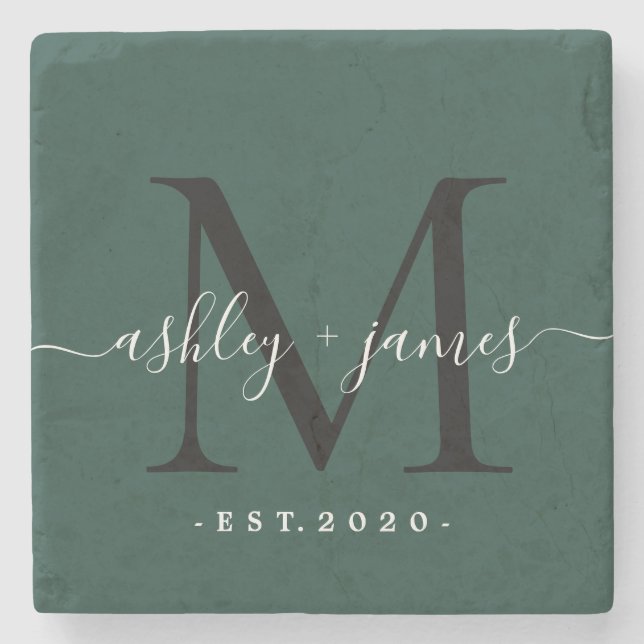 Dessous-de-verre En Pierre Chic Monogramme Nom écrit Date de mariage Vert fon (Devant)