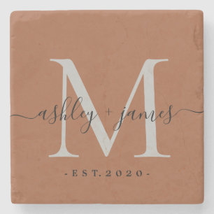 Dessous-de-verre En Pierre Chic Monogramme Script TerraCotta Noms Mariage Dat