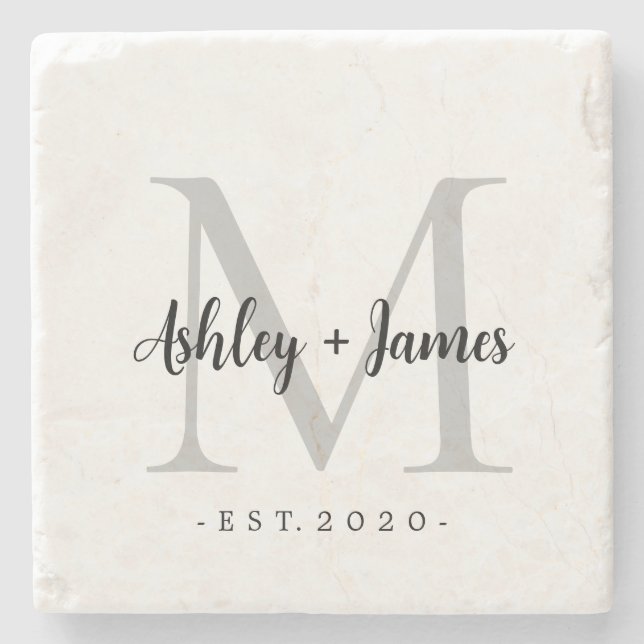 Dessous-de-verre En Pierre Chic Noms Monogramme Argent Script Date de Mariage (Devant)
