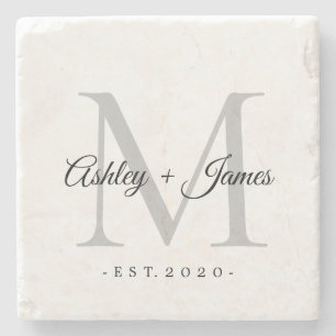Dessous-de-verre En Pierre Chic Noms Monogramme Script Argent Date de Mariage