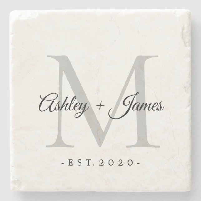 Dessous-de-verre En Pierre Chic Noms Monogramme Script Argent Date de Mariage (Devant)