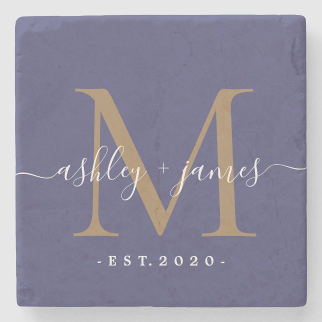 Dessous-de-verre En Pierre Chic Noms Monogramme Script Or Mariage Date Bleu (Devant)