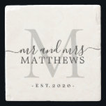 Dessous-de-verre En Pierre Chic Silver Monogramme Nom du script Mariage Date<br><div class="desc">Dessous de verre de pierre noir chic et moderne monogrammed avec le texte mr et mrs et votre nom et année marié établi en noir élégant lettrage manuscrit calligraphie avec un monogramme gris argent. Ajoutez simplement votre nom, votre monogramme et votre année établie en dessous. Design élégant et cadeau de...</div>