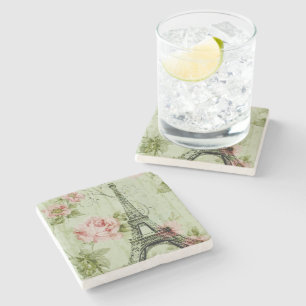 Dessous-de-verre En Pierre chic tour de paris fleuris rose à la menthe de pri