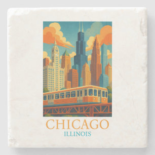 Dessous-de-verre En Pierre Chicago Illinois Skyline Art de Voyage Vintage