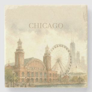 Dessous-de-verre En Pierre Chicago Navy Pier sur mesure aquarelle monument