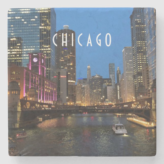 Dessous-de-verre En Pierre Chicago River la nuit (Devant)