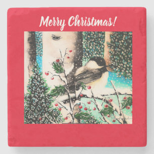Dessous-de-verre En Pierre Chickadee de Noël Chatter Dessous de verre rouge