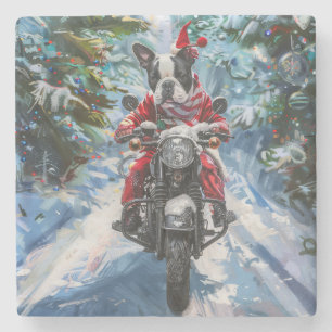 Dessous-de-verre En Pierre Chien Boston Terrier à cheval sur une moto de Noël