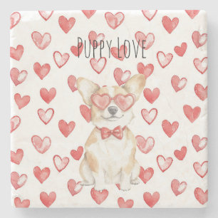 Dessous-de-verre En Pierre Chien Corgi Blanc Crème Lunettes Cœurs Rouges
