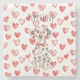 Dessous-de-verre En Pierre Chien Dalmatien Noir Blanc Cravate Coeurs Rouges L