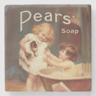 Dessous-de-verre En Pierre Chien de manchon prenant un bain, vintage, antique