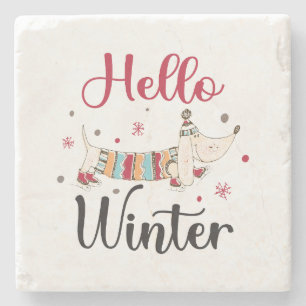 Dessous-de-verre En Pierre Chien mignon Bonjour hiver
