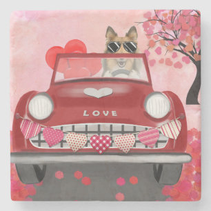 Dessous-de-verre En Pierre Chien Rough Collie en voiture avec coeurs Saint-Va